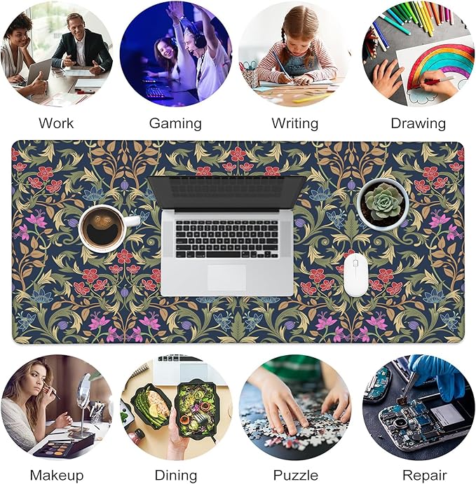 Desk Pad, Retro William Morris Floral XXL Gaming Mouse Pad with Stitched Edges,Non-Slip Waterproof Rubber Base Large Desk Mat for Keyboard and Mouse 35.4"x15.7"