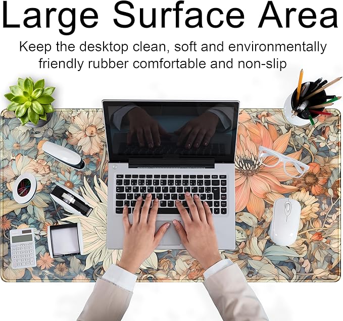 Retro Japanese Floral Mouse Pad Boho Desk Mat Aesthetic Flower Desk Matt for Desktop Large XXL Extended Gaming Deskmat, Laptop Keyboard Mouse Mat Office Decor Accessories for Women 31.5''x15.7''