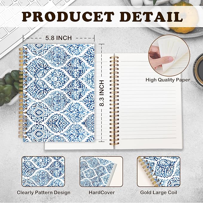 URLLUAE Retro Blue Moroccan Tile Notebook Floral, Vintage Blue and White Floral Spiral Notebook Journals for Work School, Retro Office Supplies Gifts, 5.5x8.3 Inch