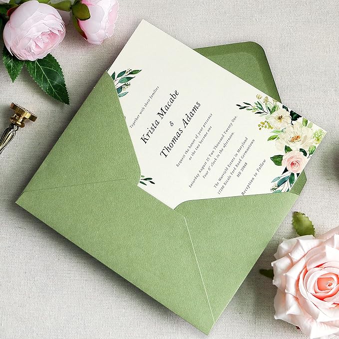 PONATIA 50 PCS/Pack A7 Envelopes, 5.25 x 7.48'' Sage Green Envelopes For 5 x 7'' Weddings Invitation Cards, Christmas Gift Cards, Acrylic Invitations, Photos and Any 5x7 Inserts