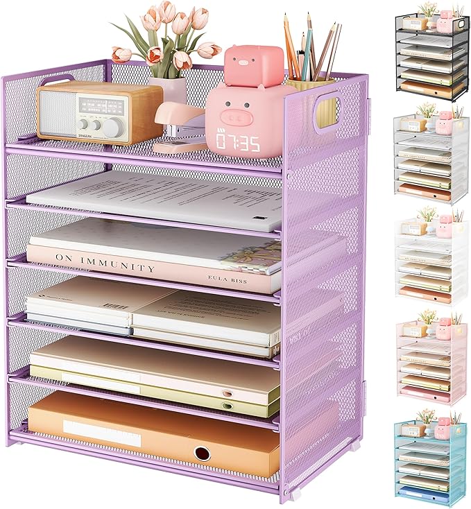 Subekyu 6 Tier Paper File Tray Organizer for Desk, Purple Mesh Desk Letter Paper File Folder Accessories Sorter Organizer with Handle, Stackable Slide Tray for Office, Home or School Supplies Storage