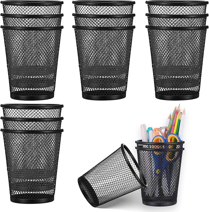 12 PCS Mesh Pen Cup, Metal Pencil Holder, Pen Holder Cup ,Pencil Cup, Round Office Classroom Pen Organizer Cup, for Students Kids Adult (Black)