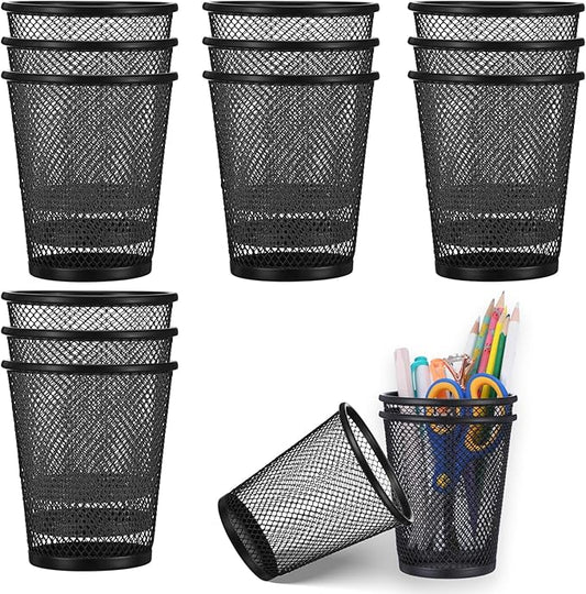 12 PCS Mesh Pen Cup, Metal Pencil Holder, Pen Holder Cup ,Pencil Cup, Round Office Classroom Pen Organizer Cup, for Students Kids Adult (Black)