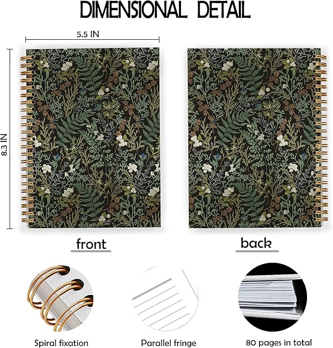 Dark Green Botanical Spiral Notebook, Cottagecore Wildflower Plants Notebooks for Note Taking, Vintage Fern Herb Leaf Floral Journals for Writing, Rustic Hardcover Journal, 5.5x8.3 Inch