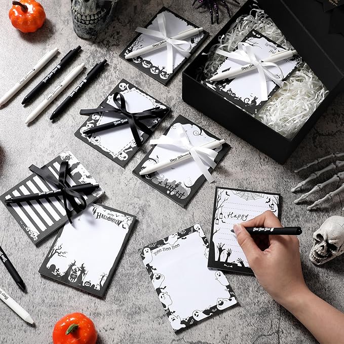 36 Pcs Halloween Sticky Notes Include 12 Spider Pumpkin Bat Ghost Notepads and 12 Pen and 12 Ribbon Halloween Self Adhesive Memo Pads Gifts for School Office Home Party Supplies