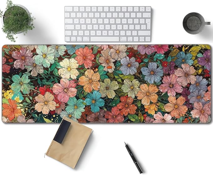 Colorful Flowers Large Mouse Pad, Watercolor Floral Gaming Desk Mat, XL Keyboard Desk Pad Mat for Desktop, 31.5"x11.8" Non-Slip Base Big Mousepad with Stitched Edges