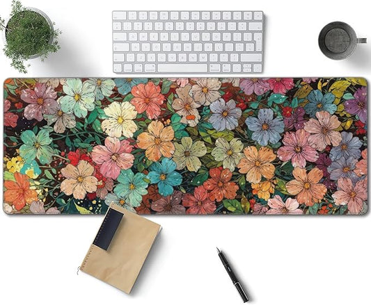 Colorful Flowers Large Mouse Pad, Watercolor Floral Gaming Desk Mat, XL Keyboard Desk Pad Mat for Desktop, 31.5"x11.8" Non-Slip Base Big Mousepad with Stitched Edges