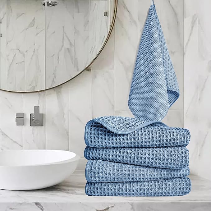 POLYTE Microfiber Lint Free Hand Towel, 16 x 30 in, 4 Pack (Blue, Waffle Weave)