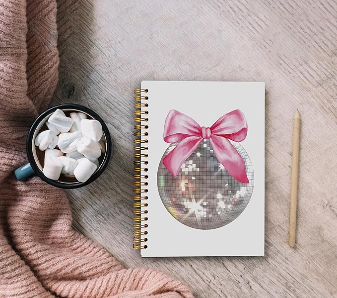 Pink Bow Coquette Notebook Journal, Trendy Preppy Pink Bow Disco Ball Notebook Journal,Pink Girly Notebook,Trendy Preppy Journal Notebook,Pink Office Supplies, Spiral Notebook 5.5x8.3 Inch