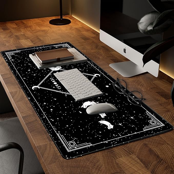 Black Desk Mat Cute Cats Mouse Pad XXL, Funny Gaming Desk Pad, Cute Desktop Mat for Keyboard and Mouse, Extra Large Full Desk Computer Pads, Kawaii Stars Horoscope Desk Decor 31.5" x 15.7"