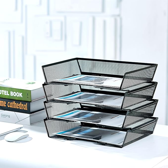 SETTFRFE 4 Tier Metal Mesh Desk Organizer-Stackable Letter Trays for Office Supplies,Black File Storage System with Reinforced Edges