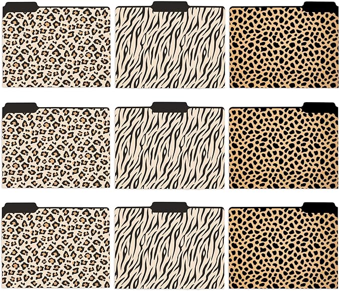 Steel Mill & Co Thick Sturdy File Folders Decorative, Set of 9 File Folders with Tabs and Sticker Labels, Cute Colored File Folders Letter Size, Leopard