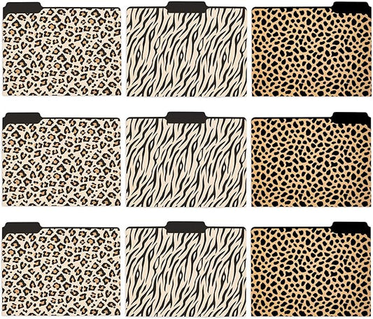 Steel Mill & Co Thick Sturdy File Folders Decorative, Set of 9 File Folders with Tabs and Sticker Labels, Cute Colored File Folders Letter Size, Leopard