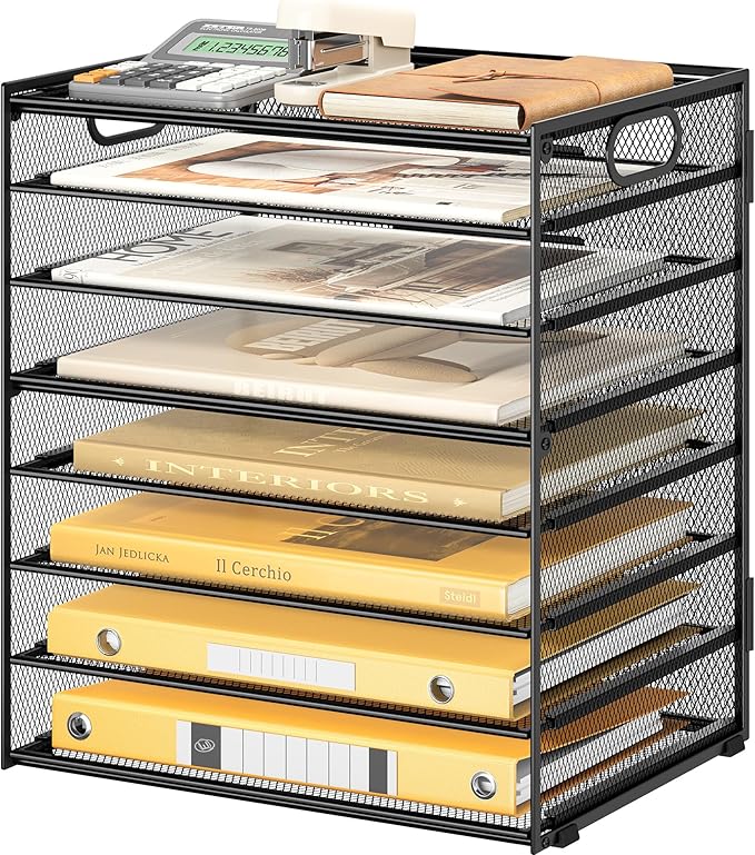 Lavatino 8 Tier Paper Organizer for Desk, Black Mesh Letter Tray File Sorter Organizers with Handles, Include 5 Pcs Adjustable Slid Tray for Office School Classroom Supplies Organization and Storage