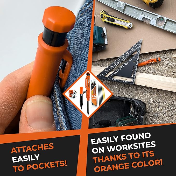 THORVALD New 2-in-1 Carpenter Pencils with Finger Grip for Construction - Incl. 7 Leads + Sharpener - Solid Mechanical Pencils with Fine Point/Best Marking tools Construction/Carpenters/Scriber