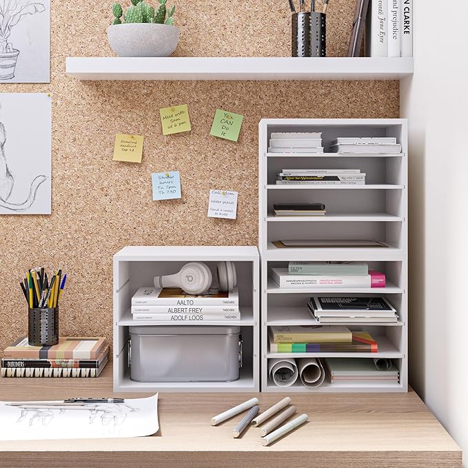 Ballucci 4-Tier Paper Organizer for Desk, Stackable Organizer Tray, Desk Storage Shelves, Stacking Letter Paper Tray Sorter for Classroom, Office, White