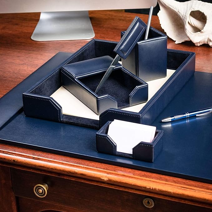 DACASSO Bonded Leather Desk Set - Luxury Leather Desk Pad & Desk Organization Essentials (Navy Blue, 6 Piece)