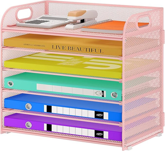 6 Tier Paper Organizer with Handle, Metal Desk Organizer Mesh Paper Letter Tray Desktop File Folder Document Sorter for Classroom, School, Office Accessories Organization and Storage - Pink