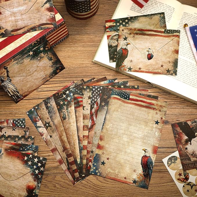TaoBary 160 Pcs Stationery Paper Set 50 Double Sided Stationery Papers with 50 Matching Envelopes and 60 Round Dot Sticker, 10 Design(Retro Independence Day,5.5 x 8.25 Inch)