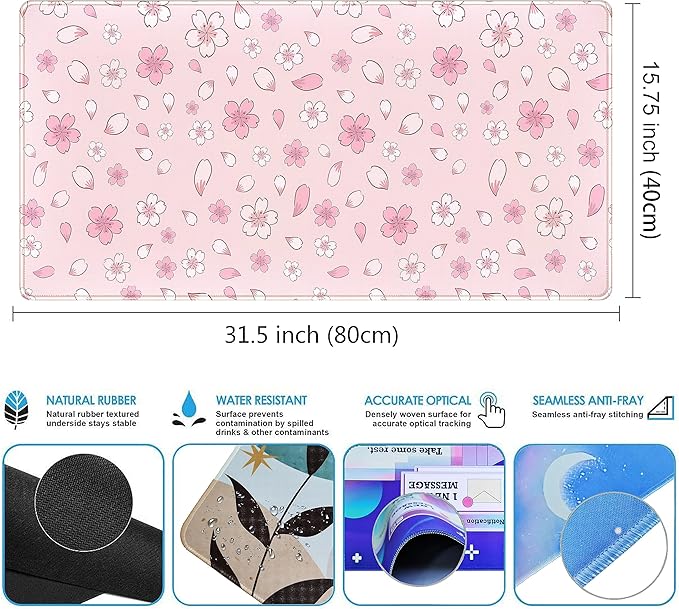 LuckyCow Pink Cherry Blossom Large Mouse Pad XXL 31.5''x15.7'', Pastel Anime Aesthetics Desk Pad Keyboard Mat Big Gaming Deskmat, Extended Mousepad Desk Accessories for Women Office Decor