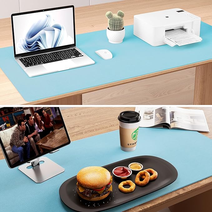 Aothia Double-Sided Desk Pad – 35.4" x 15.7" Leather Desk Mat with Eco Cork Protector, Large Mouse Pad, Waterproof Desk Blotter for Office/Home (Blue Topazn)