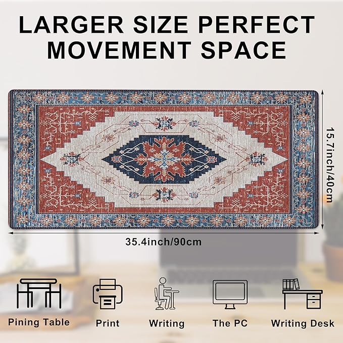 Gaming Mouse Pad, Vintage Retro Boho Rug Large Desk Mat for Keyboard and Mouse,Non-Slip Rubber Base and Stitched Edges Desk Pad for Home Office 35.4x15.7in