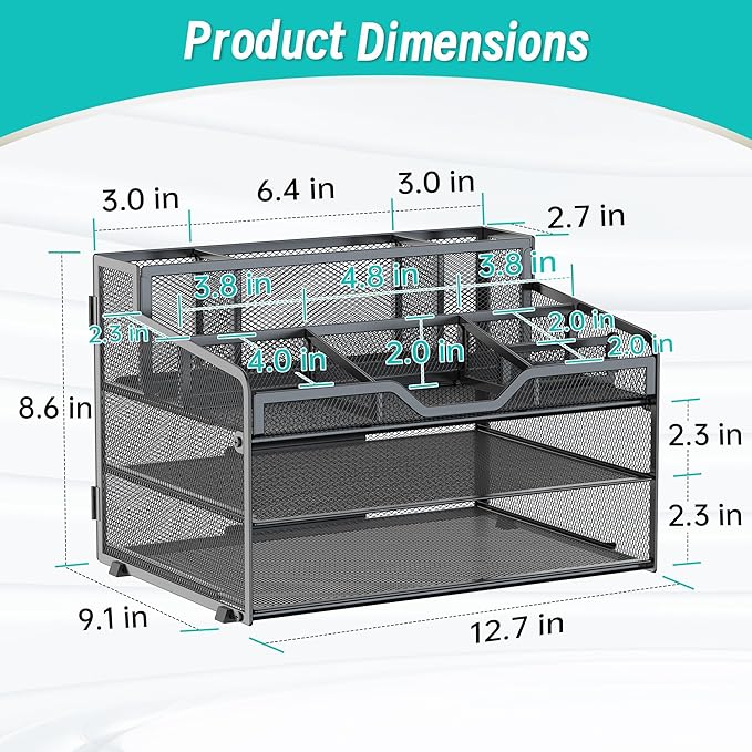 3 Tier Mesh Desk Organizer,Multi Functional Letter Paper Tray with 3 Pen Holders and 5 Adjustable Storage Compartments for Office Supplies Files and Mail Space Saving Desktop Organizer-Black