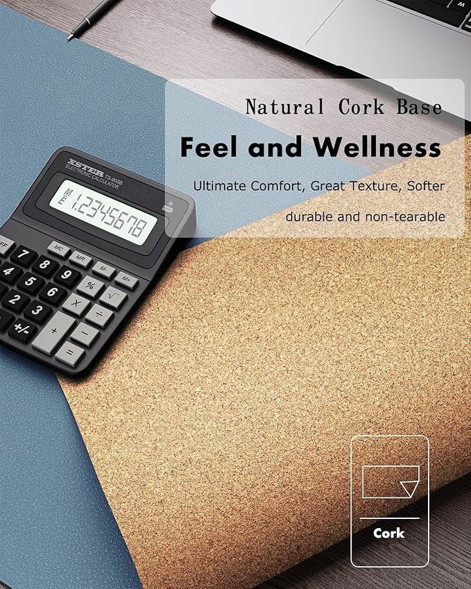 YSAGi Double-Sided Desk Pad, 35.4"x17"Leather Desk Mat, Eco Cork Desk Pad Protector,Large Mouse Pad,Waterproof Desk Blotter for Office/Home(Blue Grey)