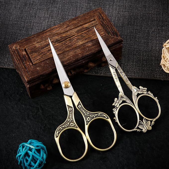 Artistic Vintage Craft Scissors Small 4.6 Inch Sharp Sewing & Embroidery Tool - Engraved Bronze Butterfly Handle, Silver Blade, Pink Polka Dot Case for Crochet, Fabric, Paper, DIY Crafts