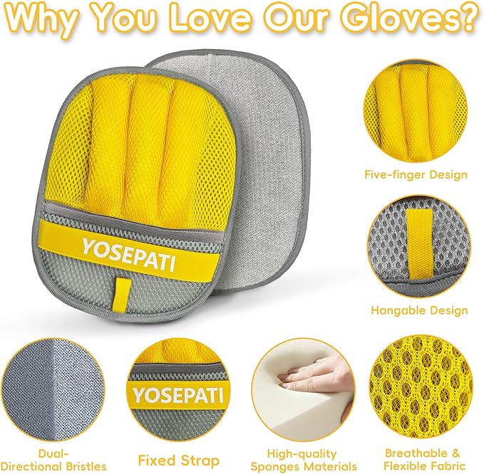 YOSEPATI Pet Hair Removal Glove, Five-Finger Magic Brush Electrostatic Mitt 2 PCs, Pet Hair Remover Tool for Dog & Cat, Reusable Pet Hair Gloves Pet Grooming Needs, Fur Remover for Couch & Clothing