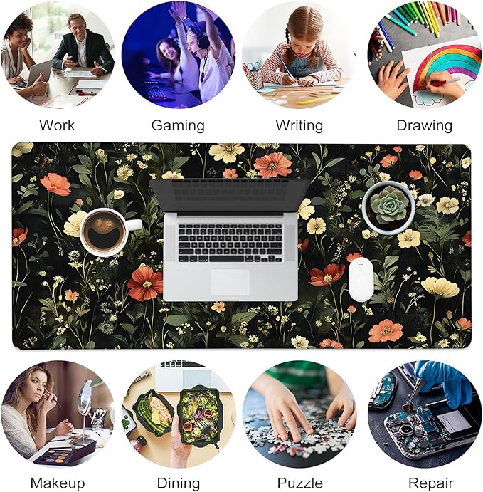 Desk Pad, Colorful Wildflowers Floral XXL Gaming Mouse Pad with Stitched Edges,Non-Slip Waterproof Rubber Base Large Desk Mat for Keyboard and Mouse 35.4"x15.7"