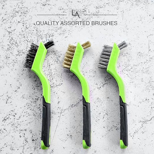 Lavaxon Wire Brush Set 3Pcs - Nylon/Brass/Stainless Steel Bristles with Curved Handle Grip for Rust, Dirt & Paint Scrubbing with Deep Cleaning – 7 Inches (Green)
