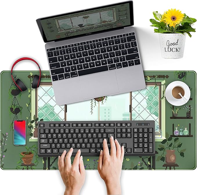 Cute Kawaii Green Plant Desk Mat Anime Aesthetic Mousepad Pixel Art XXL Large Gaming Mouse Pad Laptop Keyboard Mat Desk Pad 31.5x15.75 in, Office Home Decor for Women Girl