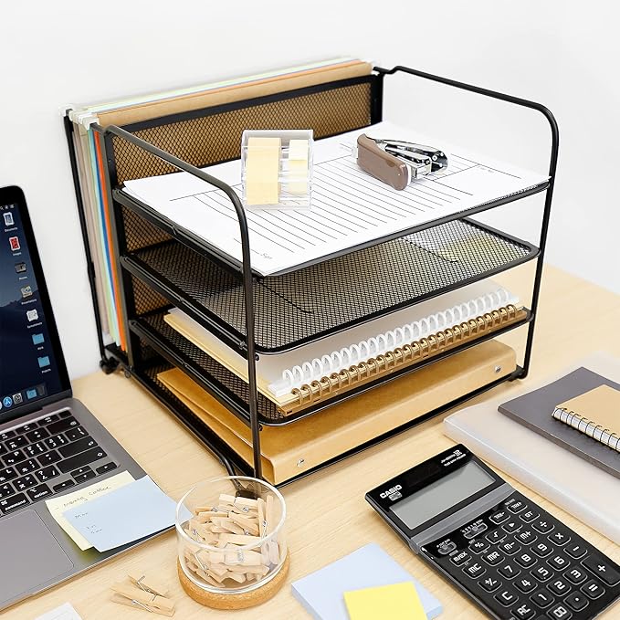CAXXA 4 Tier Mesh Document Trays with Vertical Upright Section for Hanging File Holders, Mesh Office Supplies Desk Organizer, Black