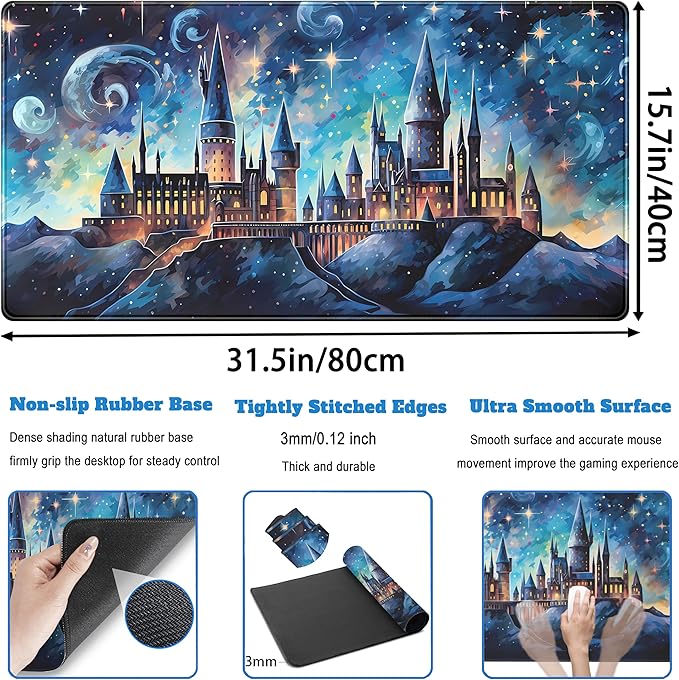 Blue Castle Desk Mat Aesthetic Cute Desk Pad, Extended Large Mouse Pad XXL Gaming Keyboard Pad, Computer Desktop Mouse Mat Full Desk Laptop Mat, Fantasy Art Office Desk Accessories 31.5" x 15.7"