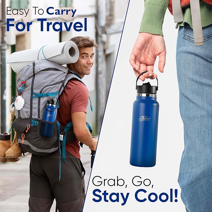 Fuller Stainless Steel Water Bottle with Straw Lid – BPA-Free, Sweat-Proof, Leak-Proof Travel Mug – Double Wall Insulated for Hot & Cold Drinks – Carry Handle (Mazarine Blue, 40 Oz.)