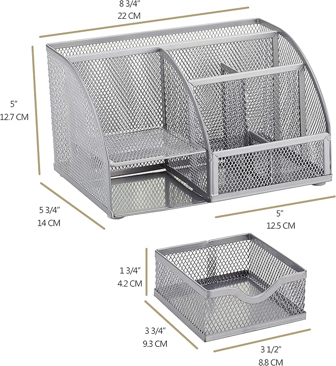 Annova Mesh Desk Organizer Office with 7 Compartments + Drawer/Desk Tidy Candy/Pen Holder/Multifunctional Organizer (Silver)