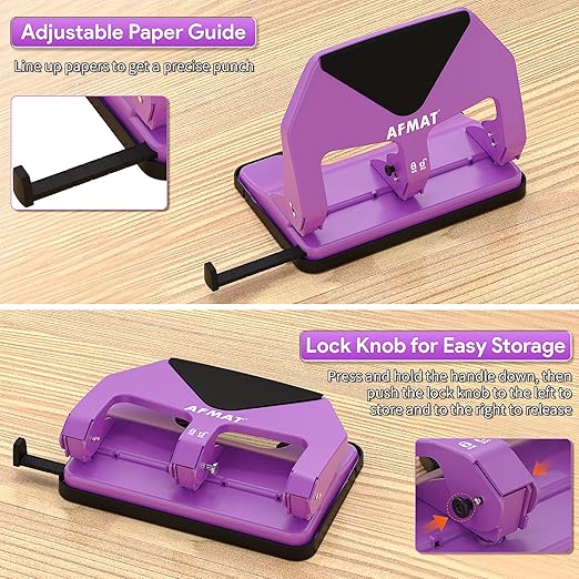 AFMAT HP20 Heavy Duty 3 Hole Punch, 50-Sheet Capacity, 60% Reduced Effort Three Hole Puncher for Binder, 10K+ Uses, Large Chip Tray, Adjustable Paper Guide, Office Metal Paper Puncher 3 Ring, Purple