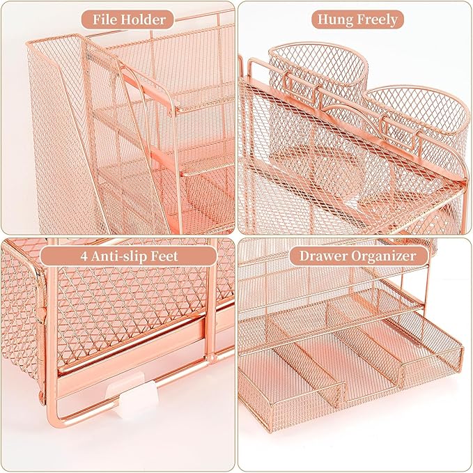 Desk Organizer and Accessories, 4-Tier Desktop File Organizer with Drawer and 2 Pen Holders, Office Desk Accessories for Office Supplies(Rose Gold)