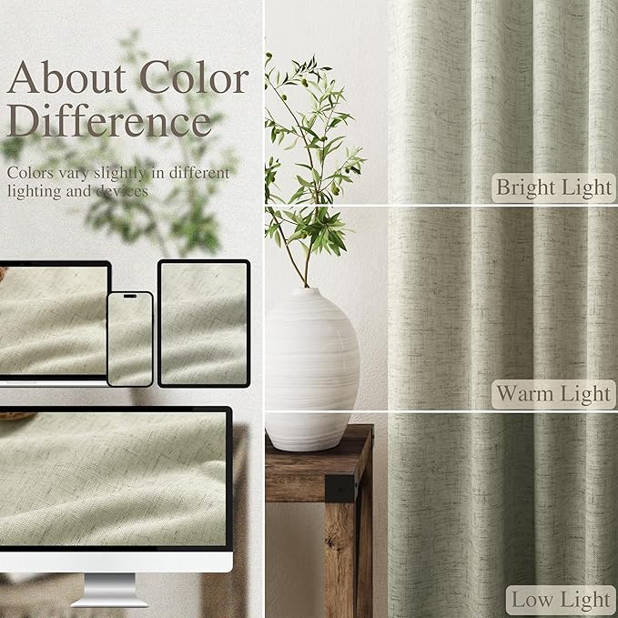 100% Blackout Linen Curtains 90 inch Length 2 Panels for Living Room Loop Pocket Pinch Pleated Black Out Drapes Sage Green Heat Reducing Total Blackout Window Curtains for Bedroom 90 inches Long