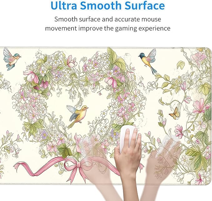 Floral Heart Pattern XXL Mouse Pad, Desk Mat with Non-Slip Base, Pink Keyboard Mat with Stitched Edges 35 x 15.8 inches