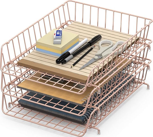 SimpleHouseware Stackable Desk File Document Letter Tray, Wire Grid, 3 Packs, Rose Pink