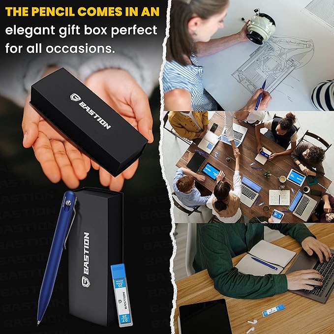 BASTION® Luxury Mechanical Pencil, Professional Lightweight Medium Point Aluminum Pencil for Birthday Gift includes 20 x 0.77mm Lead Refills - Blue