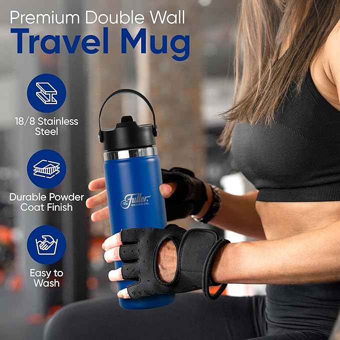 Fuller Stainless Steel Water Bottle with Straw Lid – BPA-Free, Sweat-Proof, Leak-Proof Travel Mug – Double Wall Insulated for Hot & Cold Drinks – Carry Handle (Mazarine Blue, 20 Oz.)