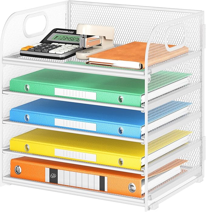 Lavatino 5 Tray Paper Organizer Letter Tray with Handle - Mesh Desk File Organizer, Paper Sorter Organizer for Office, Home or School File Folder Holder - White