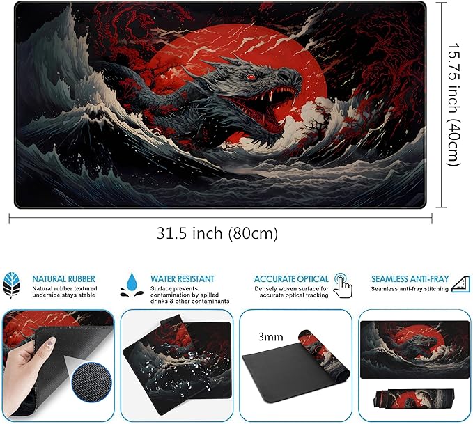 Gothic Desk Mat XXL Large Extended Gaming Mouse Pad Red Sun Mousepas Laptop Mat, Office Decor Computer Keyboard and Mouse Mat, Desk Pad Non-Slip Mousepad with Stitched Edge, 31.5''x15.7''