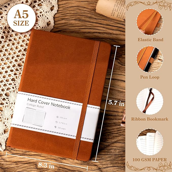 CAGIE Lined Journal Notebook for Men Women 320 Pages Leather Journals for Writing A5 Thick Hardcover Journaling Notebooks for Work Note Taking Diary, 5.7x8.3 in, Brown