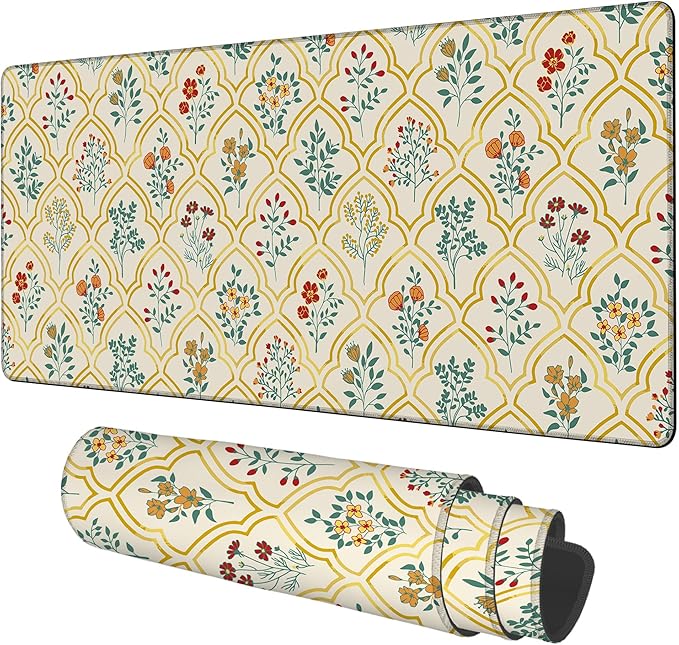 Large Mouse Pad Decorative Floral Gaming Desk Pad Computer Keyboard Non-Slip Waterproof Mouse Mat with Rubber Base and Stitched Edges Entertainment Office Writing Desk Mat 35.4 x 15.7 Inches