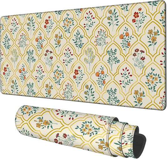 Large Mouse Pad Decorative Floral Gaming Desk Pad Computer Keyboard Non-Slip Waterproof Mouse Mat with Rubber Base and Stitched Edges Entertainment Office Writing Desk Mat 35.4 x 15.7 Inches