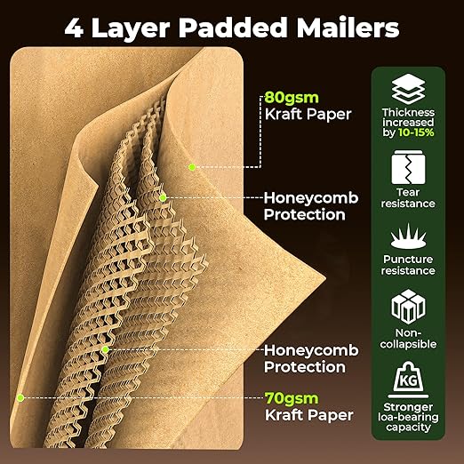 Tera Honeycomb Padded Mailers Envelopes: 5.9 x 10.7 inch 100 pcs 4-Layer Protection Self Seal Biodegradable Recyclable Kraft Paper for Jewelry Makeup Small Business Shipping Bags